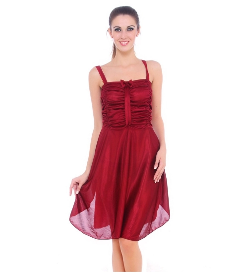 Women's Satin Short Nighty with Sleeve Less(Color: Maroon, Neck Type: Square Neck)