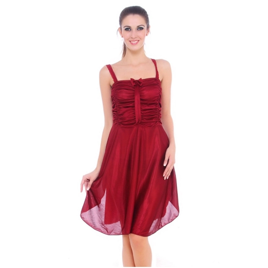 Women's Satin Short Nighty with Sleeve Less(Color: Maroon, Neck Type: Square Neck)