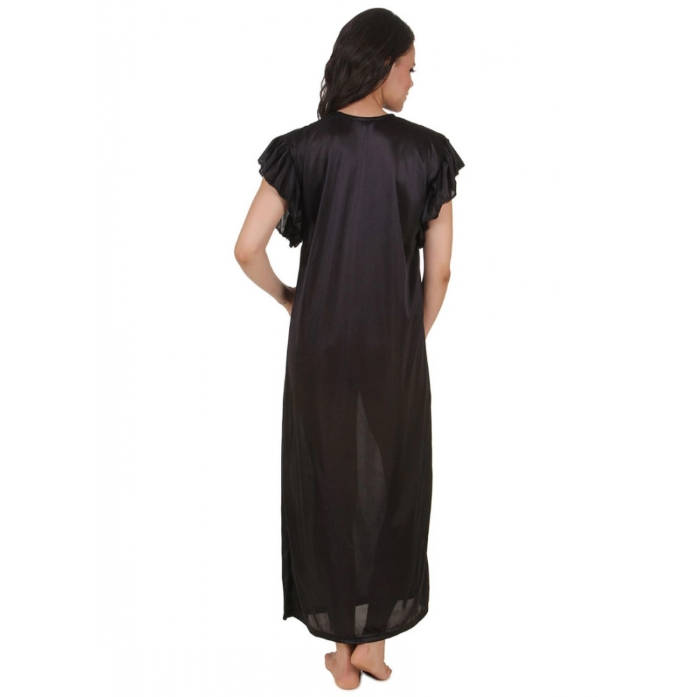 Women's Satin Long Nighty Frill Sleeve(Color: Black, Neck Type: V Neck)