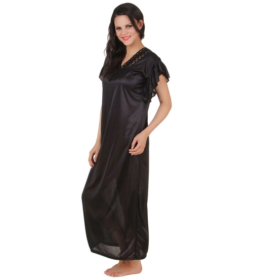 Women's Satin Long Nighty Frill Sleeve(Color: Black, Neck Type: V Neck)