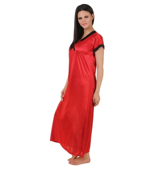 Women's Satin Long Nighty Mega Sleeve(Color: Red, Neck Type: V Neck)