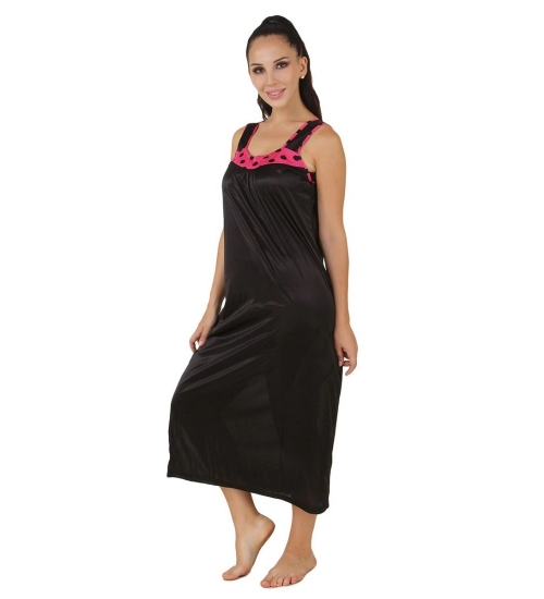 Women's Satin Long Nighty with Sleeve Less(Color: Coral Pink and Black, Neck Type: U Neck)