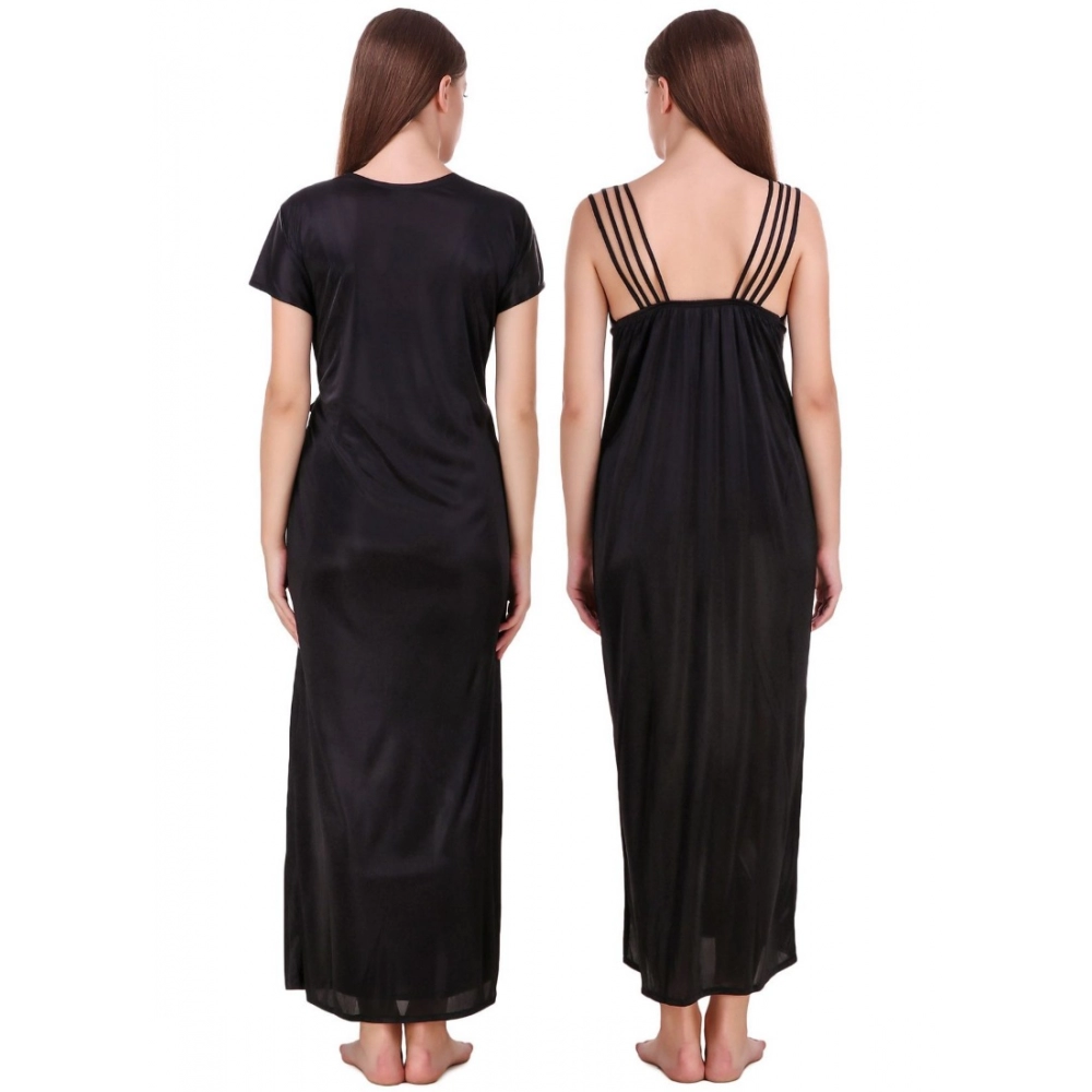 Women's Satin 2 PCs Set of Nighty And Wrap Gown with Half Sleeve(Color: Black, Neck Type: V Neck)