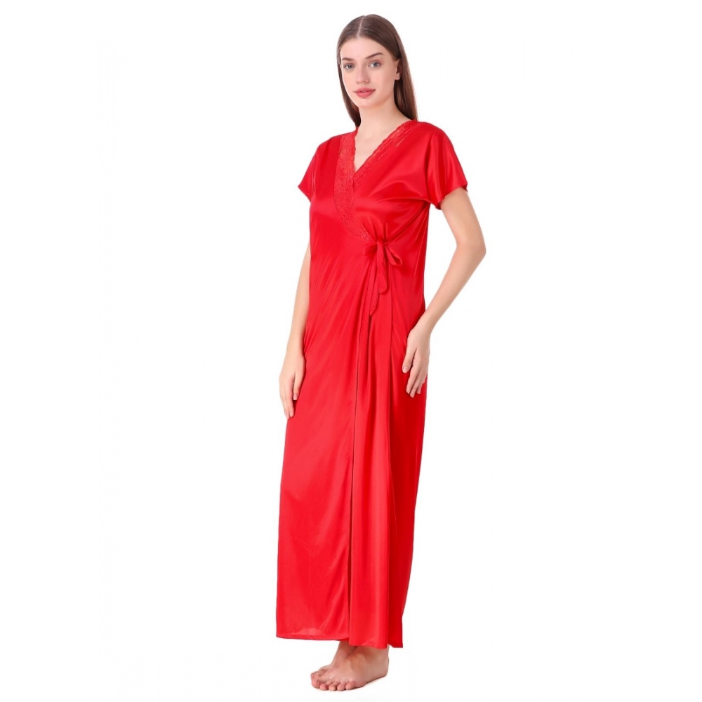 Women's Satin 2 PCs Set of Nighty And Wrap Gown with Half Sleeve(Color: Red, Neck Type: V Neck) Women's Satin 2 PCs Set of Nighty And Wrap Gown with Half Sleeve(Color: Red, Neck Type: V Neck)