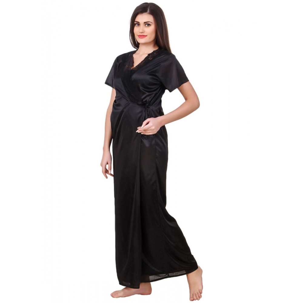 Women's Satin 2 PCs Set of Nighty And Wrap Gown with Half Sleeve(Color: Black, Neck Type: V Neck)