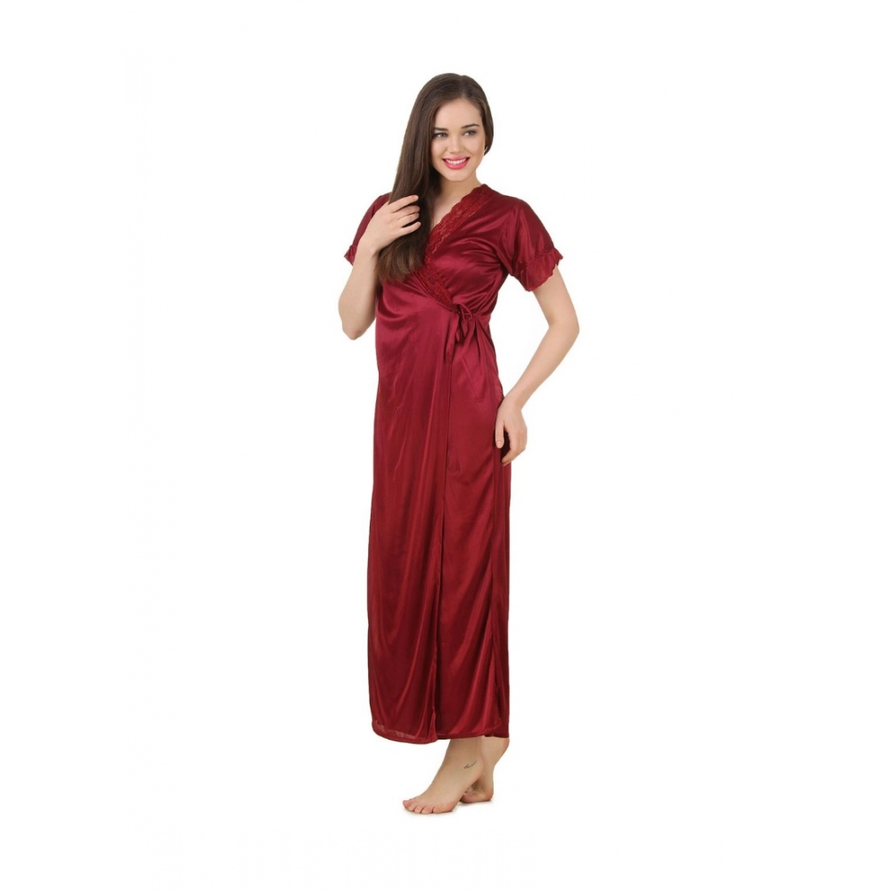 Women's Satin 2 PCs Set of Nighty And Wrap Gown with Half Sleeve(Color: Black, Neck Type: V Neck)