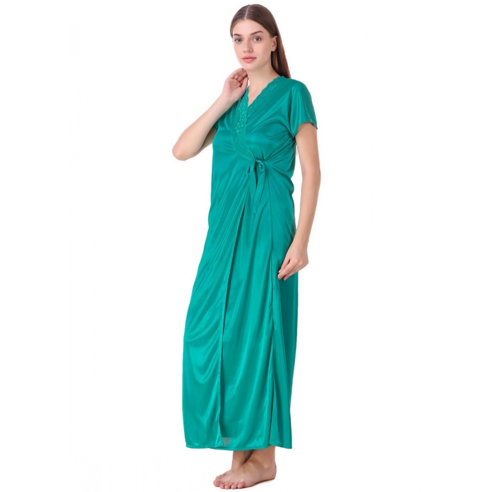 Women's Satin 2 PCs Set of Nighty And Wrap Gown with Half Sleeve(Color: Sea Green, Neck Type: V Neck)