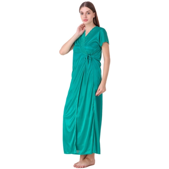Women's Satin 2 PCs Set of Nighty And Wrap Gown with Half Sleeve(Color: Sea Green, Neck Type: V Neck)