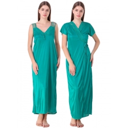 Women's Satin 2 PCs Set of Nighty And Wrap Gown with Half Sleeve(Color: Sea Green, Neck Type: V Neck)