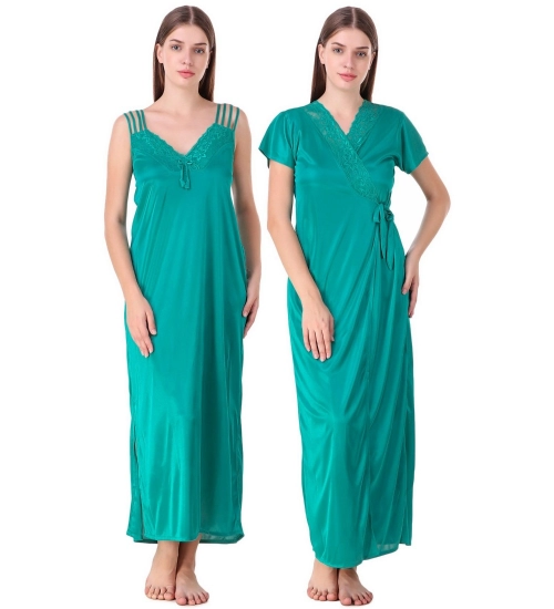 Women's Satin 2 PCs Set of Nighty And Wrap Gown with Half Sleeve(Color: Sea Green, Neck Type: V Neck)