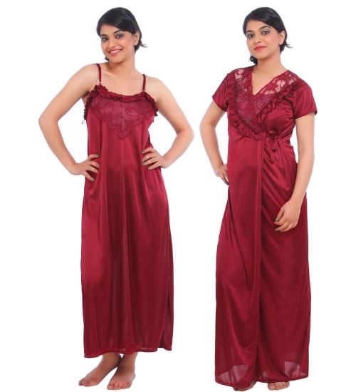 Women's Satin 2 PCs Set Of Nighty And Wrap Gown Mega Sleeve(Color: Maroon, Neck Type: Square Neck)