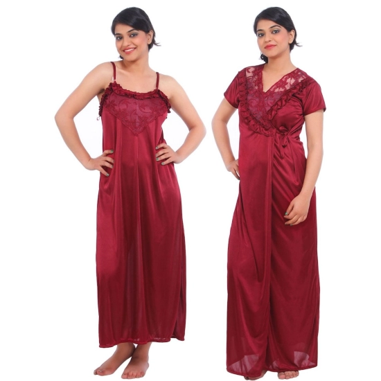Women's Satin 2 PCs Set Of Nighty And Wrap Gown Mega Sleeve(Color: Maroon, Neck Type: Square Neck)