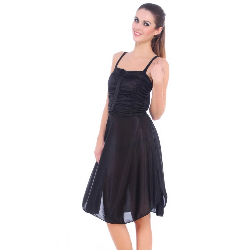 Women's Satin Short Nighty with Sleeve Less(Color: Black, Neck Type: Square Neck)