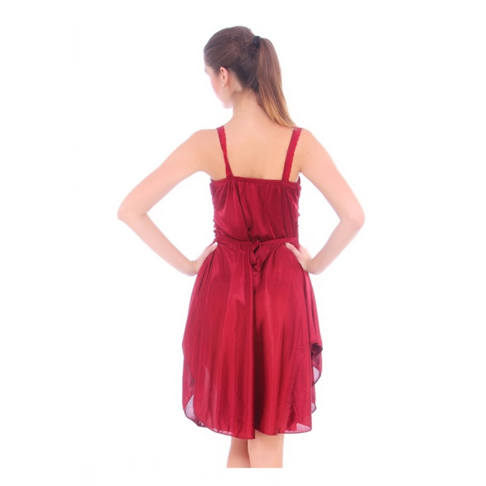 Women's Satin Short Nighty with Sleeve Less(Color: Maroon, Neck Type: Square Neck)