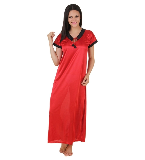 Women's Satin Long Nighty Mega Sleeve(Color: Red, Neck Type: V Neck)