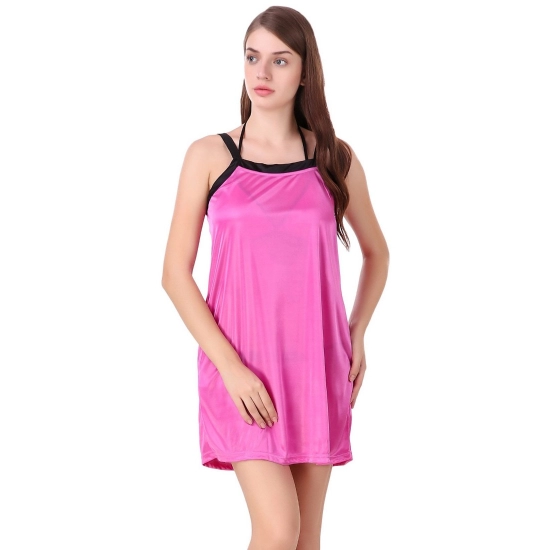 Women's Satin Short Nighty with Half Sleeve(Color: Pink and Black, Neck Type: V Neck) Women's Satin Short Nighty with Half Sleeve(Color: Pink and Black, Neck Type: V Neck)