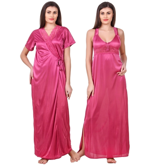 Women's Satin 2 PCs Set of Nighty And Wrap Gown with Half Sleeve(Color: Coral Pink, Neck Type: Sweatheart Neck)