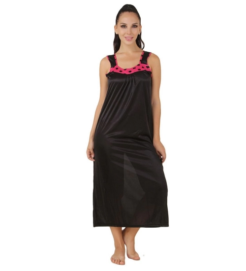 Women's Satin Long Nighty with Sleeve Less(Color: Coral Pink and Black, Neck Type: U Neck)