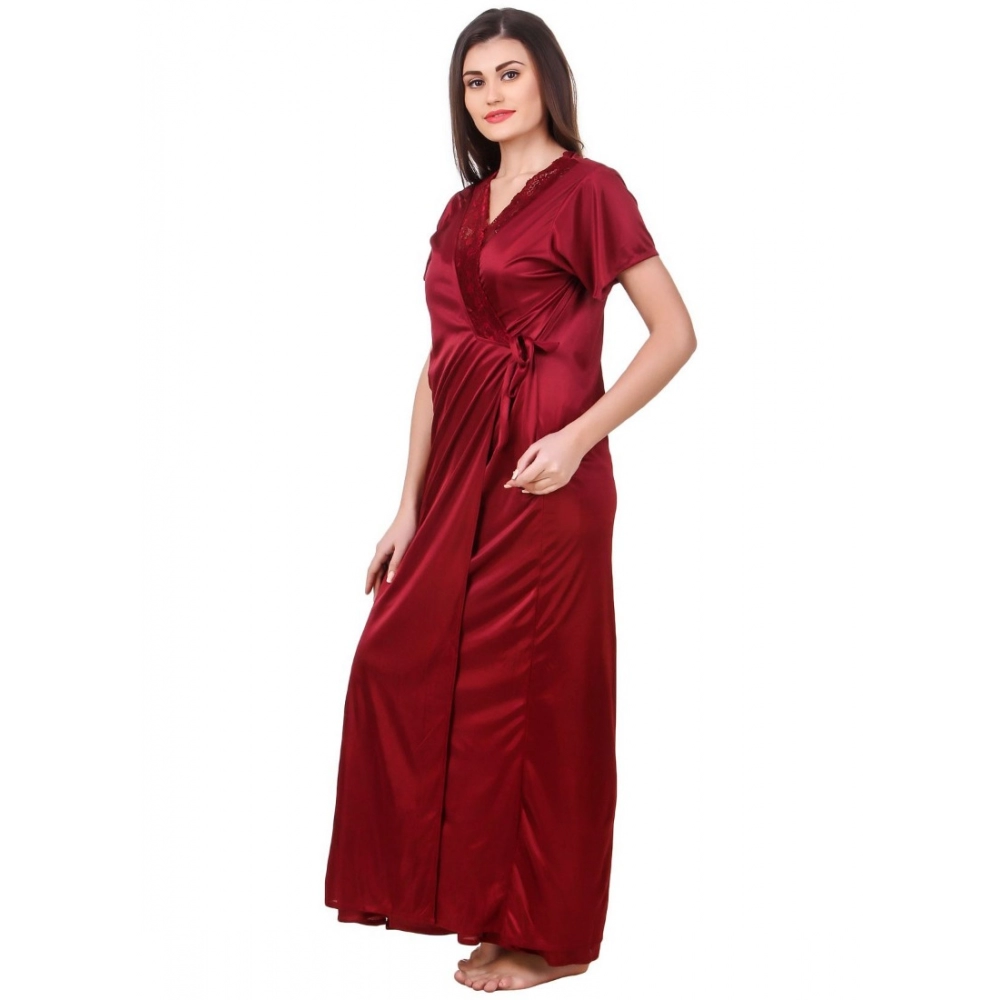 Women's Satin 2 PCs Set of Nighty And Wrap Gown with Half Sleeve(Color: Maroon, Neck Type: V Neck)