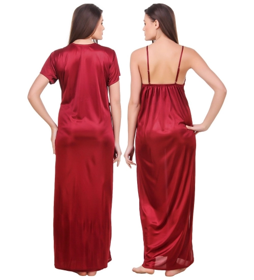 Women's Satin 2 PCs Set of Nighty And Wrap Gown with Half Sleeve(Color: Maroon, Neck Type: V Neck)