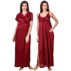 Women's Satin 2 PCs Set of Nighty And Wrap Gown with Half Sleeve(Color: Maroon, Neck Type: V Neck)