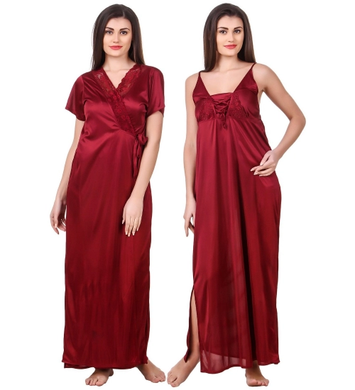Women's Satin 2 PCs Set of Nighty And Wrap Gown with Half Sleeve(Color: Maroon, Neck Type: V Neck)