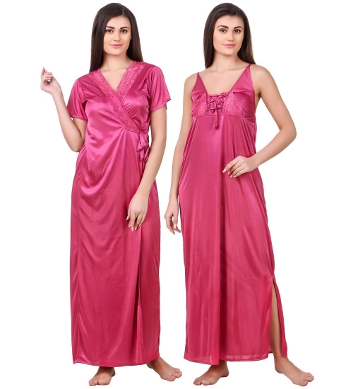 Women's Satin 2 PCs Set of Nighty And Wrap Gown with Half Sleeve(Color: Coral Pink, Neck Type: V Neck)