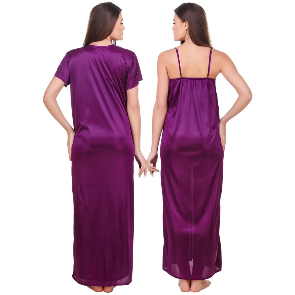 Women's Satin 2 PCs Set of Nighty And Wrap Gown with Half Sleeve(Color: Purple, Neck Type: V Neck)