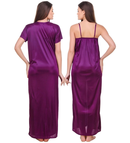 Women's Satin 2 PCs Set of Nighty And Wrap Gown with Half Sleeve(Color: Purple, Neck Type: V Neck)