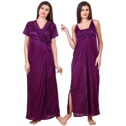 Women's Satin 2 PCs Set of Nighty And Wrap Gown with Half Sleeve(Color: Purple, Neck Type: V Neck)