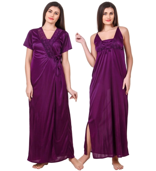 Women's Satin 2 PCs Set of Nighty And Wrap Gown with Half Sleeve(Color: Purple, Neck Type: V Neck)