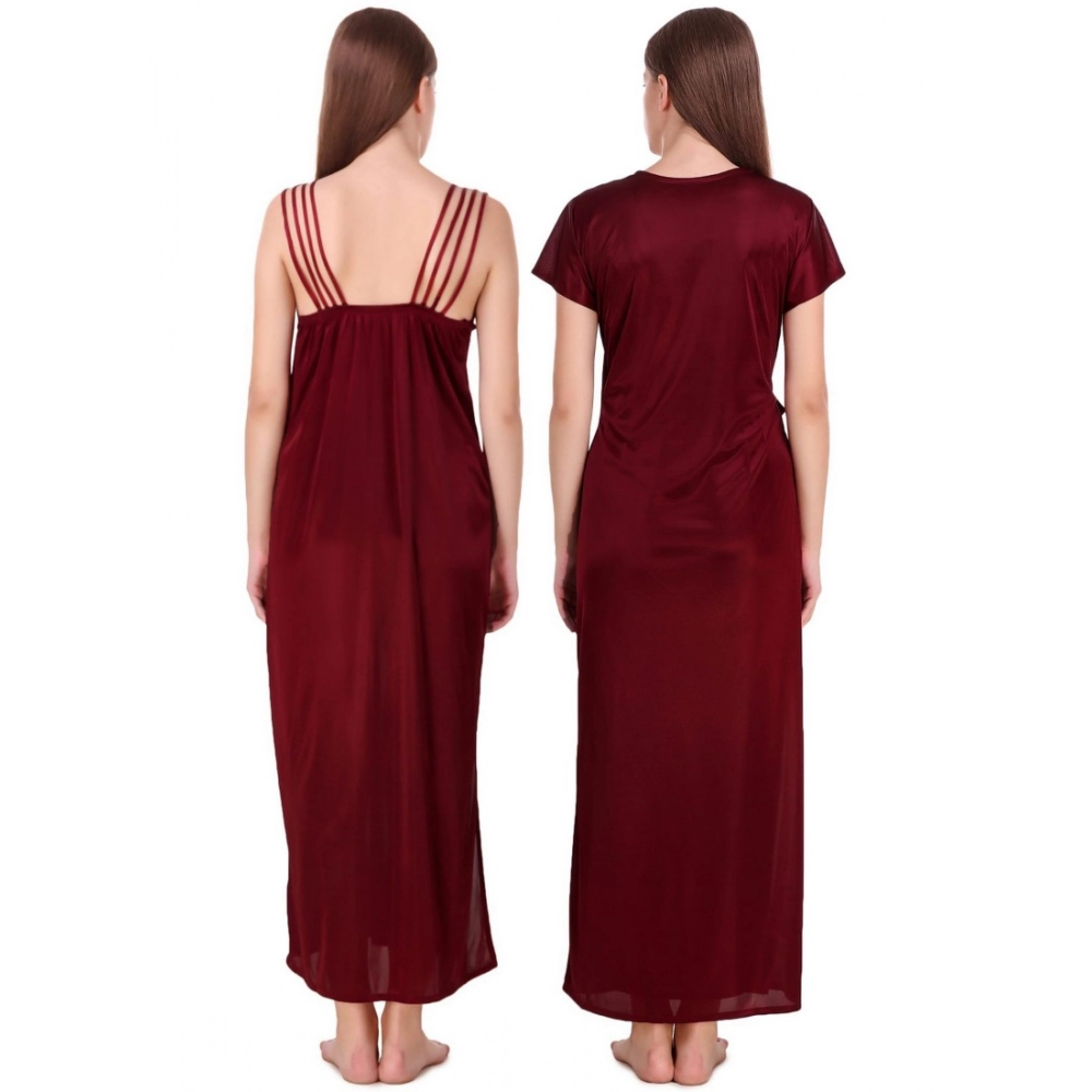 Women's Satin 2 PCs Set of Nighty And Wrap Gown with Half Sleeve(Color: Maroon, Neck Type: V Neck)