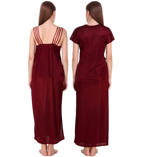 Women's Satin 2 PCs Set of Nighty And Wrap Gown with Half Sleeve(Color: Maroon, Neck Type: V Neck)