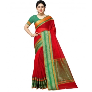 Generic Women's Kota Doria Cotton Border Saree With Blouse (Red, 5-6 Mtrs)
