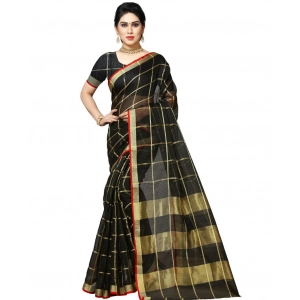 Generic Women's Kota Doria Cotton Checked Saree With Blouse (Black, 5-6 Mtrs)