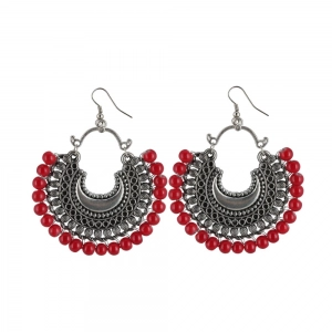 Generic Women's Silver Plated Hook Dangler Hanging Beads Earring (Color: Red)