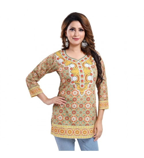 Generic Women's Quarter Sleeve Faux Crepe Printed Short Kurti Tunic Top (Color:Multicolor)