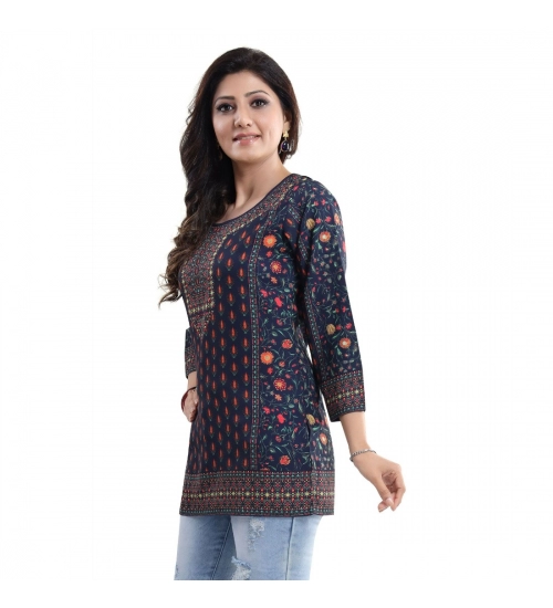Generic Women's Quarter Sleeve Faux Crepe Printed Short Kurti Tunic Top (Color:Blue)