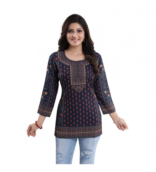 Generic Women's Quarter Sleeve Faux Crepe Printed Short Kurti Tunic Top (Color:Blue)