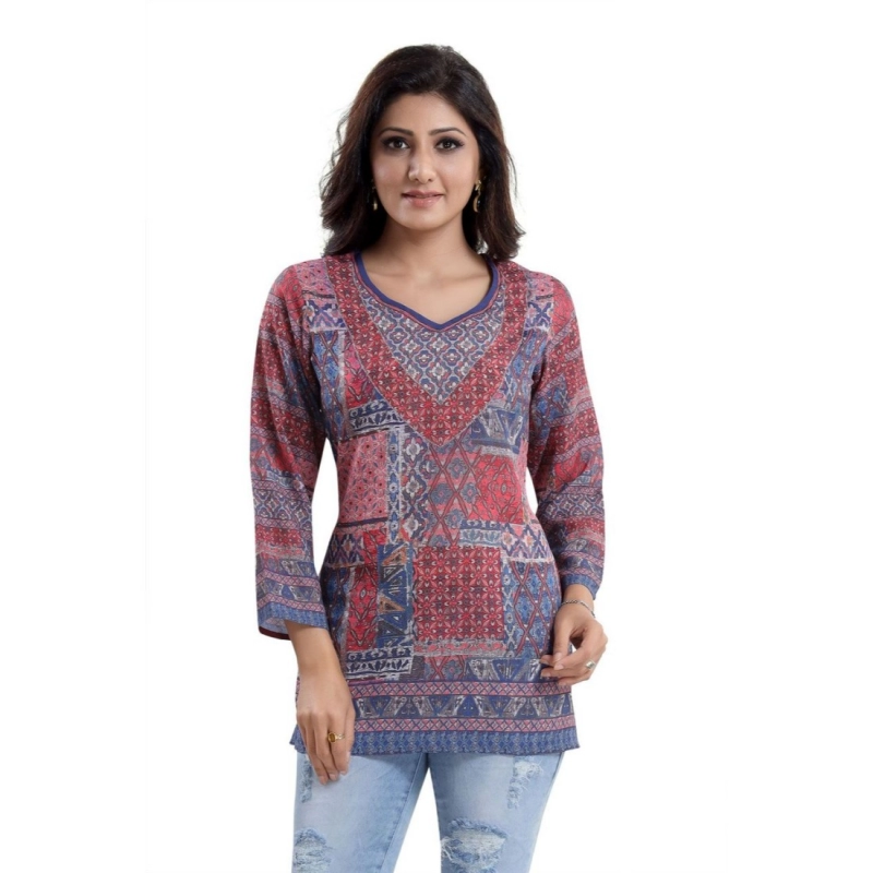 Women's Quarter Sleeve Faux Crepe Printed Short Kurti Tunic Top (Color:Multicolor)