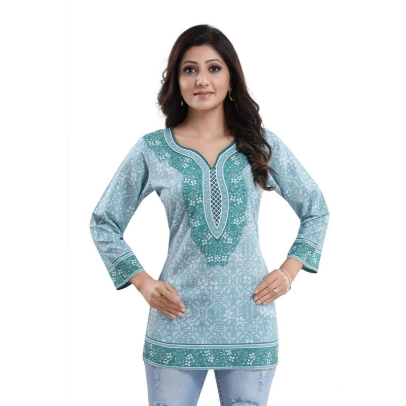 Women's Quarter Sleeve Faux Crepe Printed Short Kurti Tunic Top (Color:Blue) Women's Quarter Sleeve Faux Crepe Printed Short Kurti Tunic Top (Color:Blue)