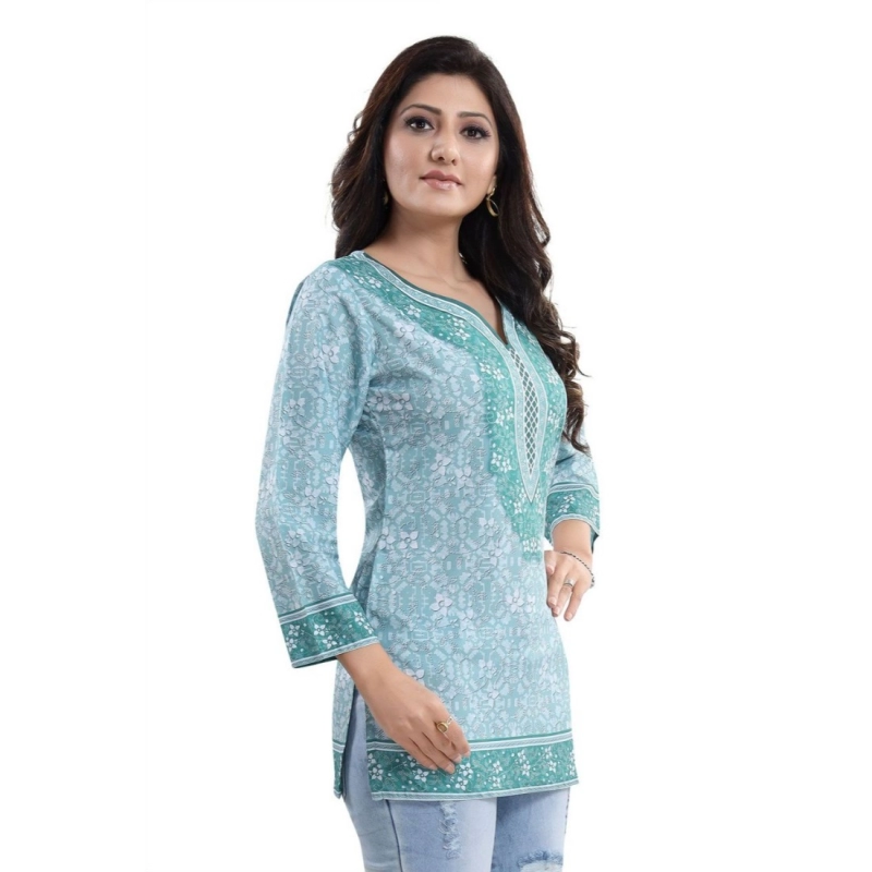 Women's Quarter Sleeve Faux Crepe Printed Short Kurti Tunic Top (Color:Blue) Women's Quarter Sleeve Faux Crepe Printed Short Kurti Tunic Top (Color:Blue)