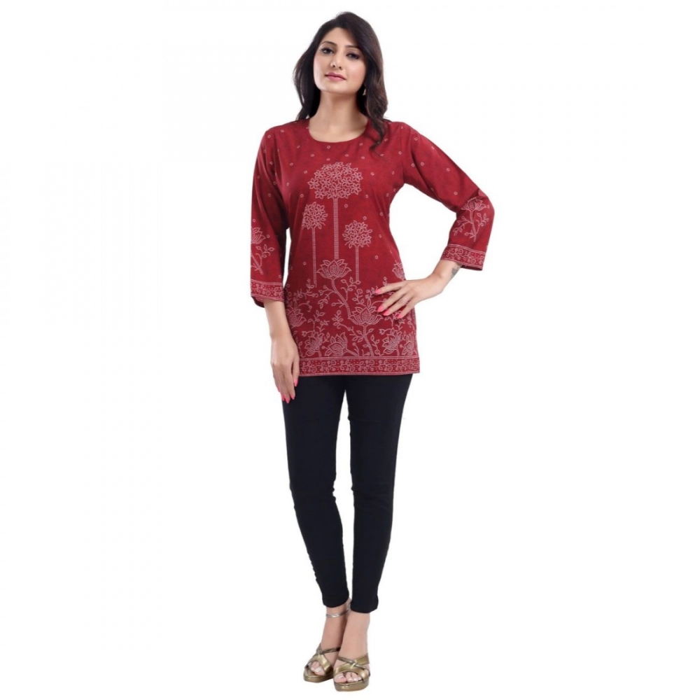 Generic Women's Quarter Sleeve Faux Crepe Printed Short Kurti Tunic Top (Color:Maroon)
