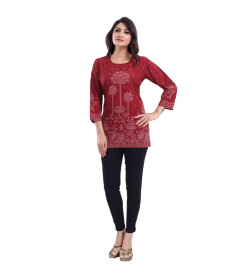 Generic Women's Quarter Sleeve Faux Crepe Printed Short Kurti Tunic Top (Color:Maroon)
