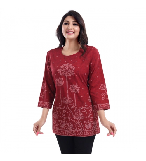 Generic Women's Quarter Sleeve Faux Crepe Printed Short Kurti Tunic Top (Color:Maroon)