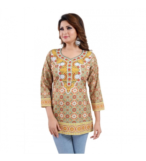 Generic Women's Quarter Sleeve Faux Crepe Printed Short Kurti Tunic Top (Color:Multicolor)