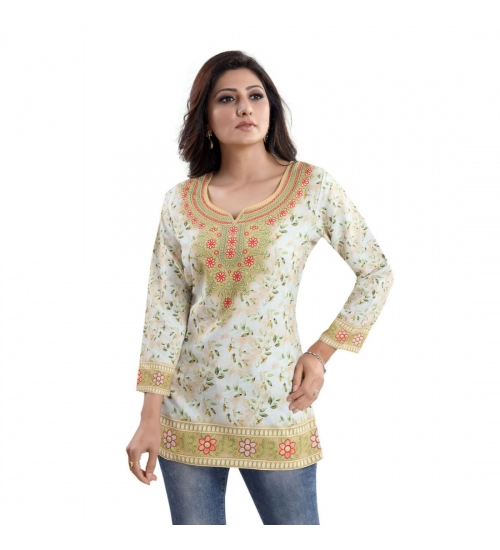 Generic Women's Quarter Sleeve Faux Crepe Printed Short Kurti Tunic Top (Color:White)