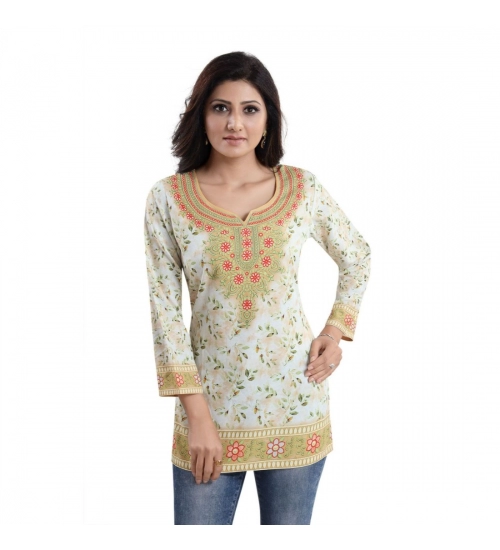 Generic Women's Quarter Sleeve Faux Crepe Printed Short Kurti Tunic Top (Color:White)