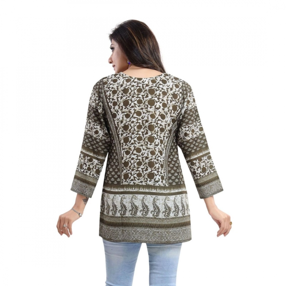 Generic Women's Quarter Sleeve Faux Crepe Printed Short Kurti Tunic Top (Color:Green)