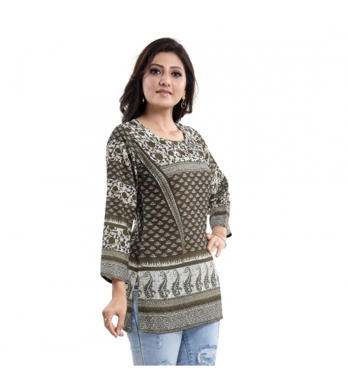 Generic Women's Quarter Sleeve Faux Crepe Printed Short Kurti Tunic Top (Color:Green)